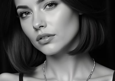 Close-up black-and-white portrait of Vivienne Vale with soft waves, matte lips, and a subtle chain n