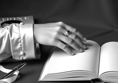 Vivienne Vale’s hand with a ring hovers over a journal on satin with soft shadows.