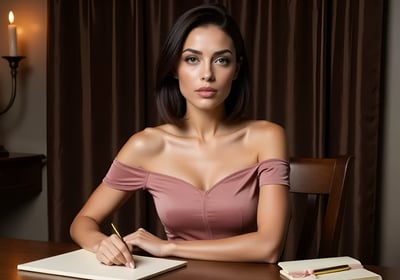 Vivienne Vale sits at a candlelit desk in a mauve dress, pen in hand, poised in an intimate writing