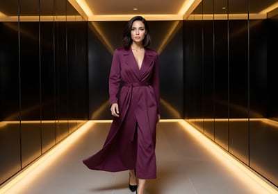 Viv in a plum silk trench walking confidently through a dark hallway with golden ambient lighting.