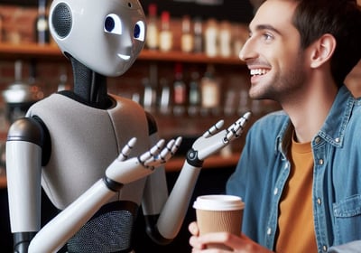 Un robot humanoide practicando idiomas con su alumno, que parece divertirse, en una cafetería.