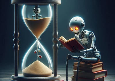 Un robot humanoide lee una un libro sentado sobre un montón de libros y un reloj de arena marca el paso del tiempo.