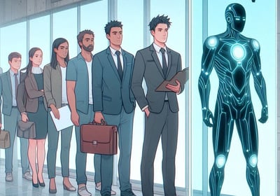 Una fila de personas esperando para entregar su CV; el primero de la fila es un robot que ha potenciado su CV con IA.