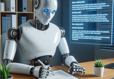 Un robot humanoide firmando un contrato en una oficina,  muy seguro de lo que está haciendo.