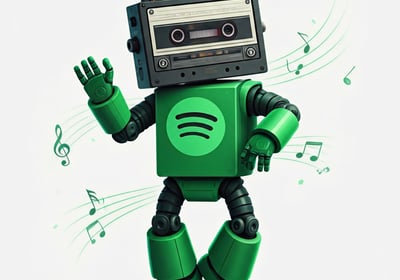 Robot humanoide bailongo cuya cabeza es una cassete retro. El cuerpo del robot es el logotipo de Spotify.