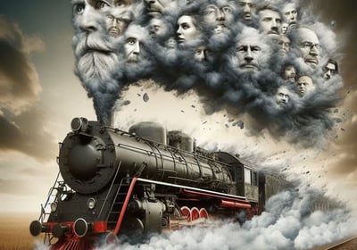 Una locomotora de vapor va a toda velocidad y en el humo que genera hay un montón de rostros de personas diferentes.