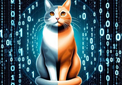 Representación del gato de Schrödinger sobre fondo de dígitos binarios.