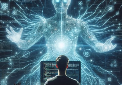 Ilustración de un programador que ve como la IA, ser místico holográfico, potencia sus capacidades para programar.