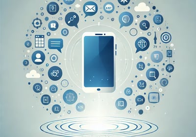 Ilustración que muestra teléfono móvil flotante rodeado por burbujas de diálogo azules que contienen iconos de IA.