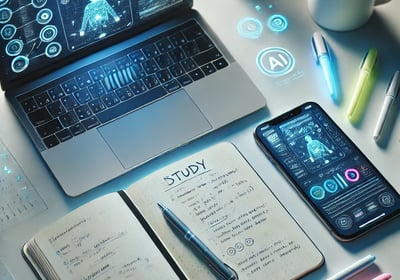 Espacio de trabajo moderno con laptop, cuaderno y smartphone sobre escritorio.