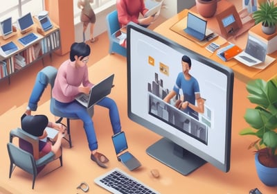 A laptop displaying a website design with the phrase 'Build your dream website.' next to a minimalistic building image. The scene also includes a modern mug and a smartphone placed on a wooden desk.