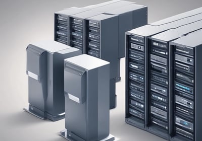 A room with a tiled ceiling and fluorescent lighting contains various electronic and office equipment. On the left, there's a wooden desk with a black server cabinet next to it. In the center of the room, a rack of network cables is visible, organized into a larger unit. To the right, a filing cabinet is mounted on the wall, with a printer/copier machine near the foreground. The walls are plain and the floor is covered in white tiles.