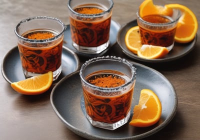 Caballito de Mezcal en un un plato de talavera con rodajas de naranja espolvoreadas con chile