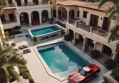 A large luxury motorhome with a built-in garage is showcased indoors. A high-end sports car is parked inside the garage compartment of the motorhome. There are potted plants arranged around the vehicle, and overhead lighting suggests an exhibition or show setting.
