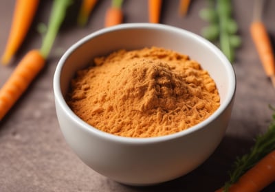 A wooden surface is covered with a light brown powder, with a handprint visible in the scattered substance. A small white bowl filled with the same powder is accompanied by a metal spoon. Nearby, a packet labeled 'Organic Cricket Powder' displays various nutrition labels and claims about the product, such as being soy-free and protein-rich.