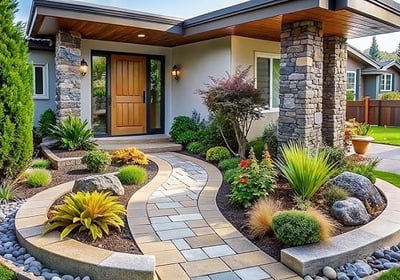 a house with a stone walkway and a stone walkway
