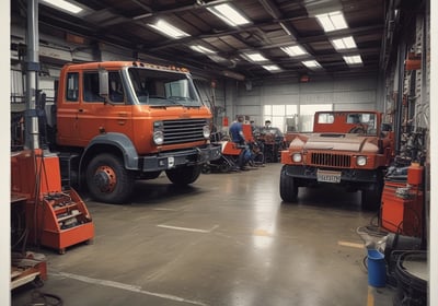 A busy automotive workshop with multiple cars being serviced. One car is elevated on a lift, and a mechanic is working nearby. Several signs and banners with automotive-related text hang on the walls. The environment is industrial, with metal roofing and visible beams.