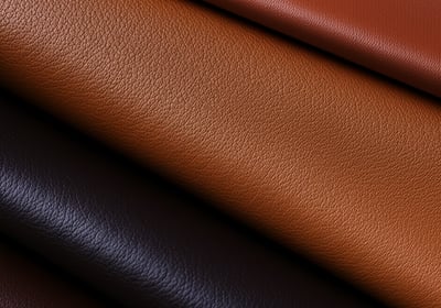 Close-up of three layers of leather fabric in shades of brown, rust, and black.