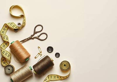 Sewing supplies including different colored spools of thread, sewing scissors, fabric pins, buttons, a measuring tape, and sa