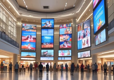 An old-fashioned television set is placed on a concrete balcony railing inside a modern building with a glass ceiling. The ceiling lets in ample natural light, and the reflection of the structure is visible on the television screen. The concrete walls and railing give the space an industrial feel.