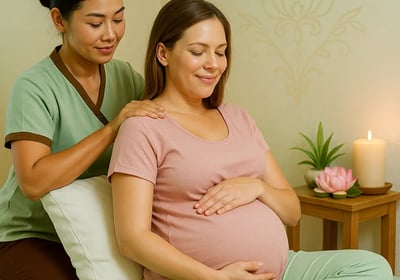 Certified Thai therapist giving a gentle pregnancy massage to a pregnant woman in a peaceful Ashburton spa setting