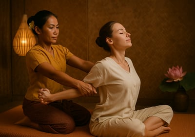 Therapist performing traditional Thai massage on a client in Ashburton