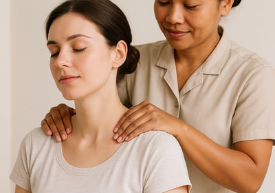 Massage therapist focusing on back and shoulder tension for client relaxation