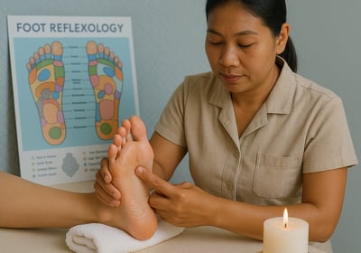 Reflexology therapist applying pressure to foot zones for health benefits