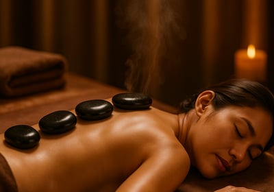 Smooth hot stones placed along a clientβs back in a tranquil spa environment