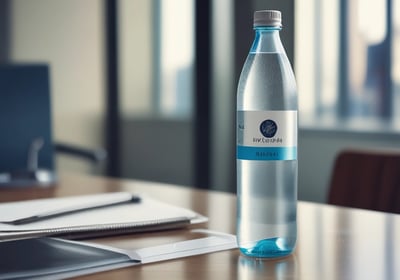 A sleek, modern glass water bottle with black lettering stands upright against a softly lit background. The bottle has a distinctive, elegant spout attachment, resembling a sophisticated dispenser or faucet, casting a gentle shadow.