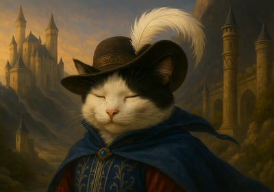 Custom fantasy cat portrait styled as a musketeer in a royal blue cloak with feathered hat