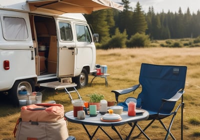 A vintage yellow camper van is parked in a grassy field, with the side door open revealing a cozy, lived-in interior. It has a roof rack loaded with camping equipment. The surroundings are natural, with tall dry grass and scattered bushes, creating a serene outdoor setting. A small table with cooking or camping gear is set up beside the van.