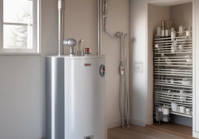 A complex manifold system with multiple white pipes connected in parallel to a row of valves. Several gauges are visible, as well as an assortment of knobs and control switches. The setup appears part of a heating or plumbing system, with wiring and connectors visible. The background shows a partially unfinished wall, suggesting an installation in progress or maintenance area.