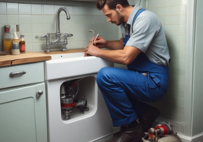A collection of plumbing fittings and components is arranged on a surface. Notable items include a brass valve with a red handle, a couple of elbow joints, and a rolled-up white hose. In the background, a red and black ladder can be seen along with some metal poles against a concrete wall.