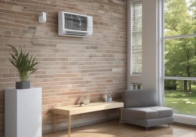 Two copper pipes run vertically between wooden slats and concrete. The pipes are shiny and metallic, while the surrounding wall has a rustic look with exposed wood and cement.