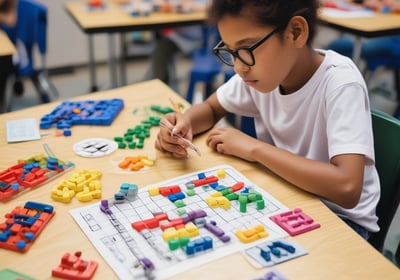 A young child is seated at a desk, focused on a worksheet with numbers and arrows. The child is wearing a blue hoodie and holding a pencil. The setting appears to be a classroom, indicated by the desk and chair.