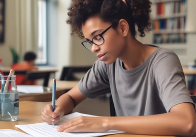 A child is sitting at a wooden table, concentrating on a worksheet with a pen in hand. The setting appears to be a room with a light-colored cabinet in the background, and there is a small red eraser on the table.