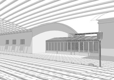 Projet global de revitalisation d’un centre rural avec bâtiments culturels, agora extérieure et pôle d’activités locales.