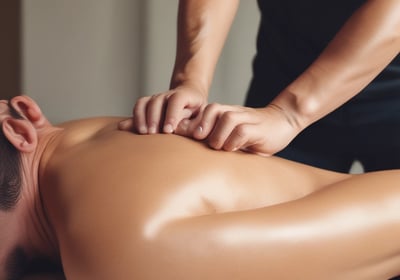 A person is giving a massage in a dimly lit room. The focus is on the hands applying pressure on the back of the individual lying down. The atmosphere appears calm and therapeutic.