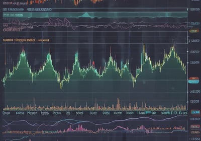 A digital financial chart with green and red zigzag lines on a dark background, representing market trends. Below the main graph, there are smaller charts featuring bar indicators in red and blue, along with a yellow line graph.