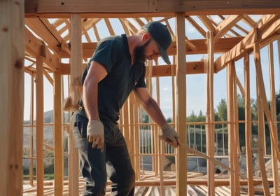 A man is sitting on the ground in a workshop surrounded by stacks of wooden planks. He is focused on his work, holding a piece of wood and a hammer as he constructs or repairs something meticulously. The environment is rustic, filled with wood and tools, suggesting a craft or woodworking setting.