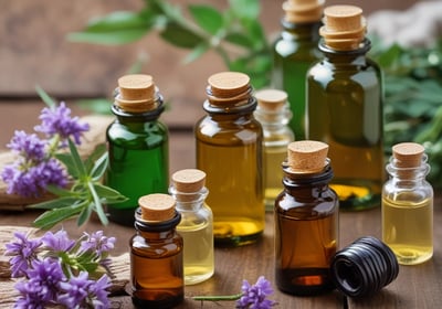 A white, sleek essential oil diffuser emits a gentle wisp of vapor, placed alongside a small dark bottle labeled ‘Eucalyptus’. They both rest on a soft gray fabric, accompanied by a branch of eucalyptus leaves that adds a natural touch.