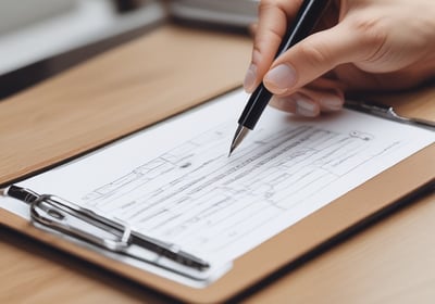 A small bottle of lavender essential oil sits on a wooden surface. The bottle has a white cap and a purple label indicating it is a therapeutic-grade product. In the blurred background, there is a plant in a terracotta pot and a light-colored wooden cabinet with drawers.