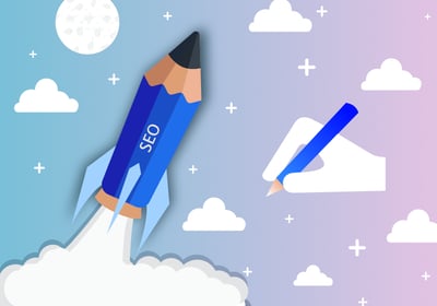 Illustration d'une fusée en forme de crayon illustrant le service de rédaction web