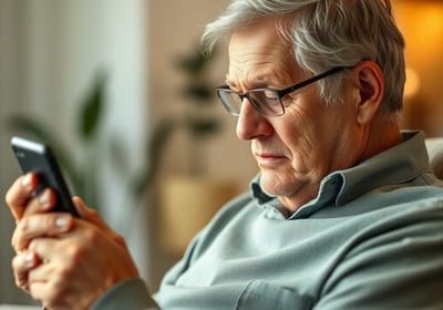 senhor idoso lendo informações no celular