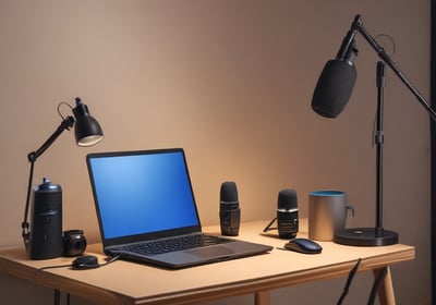 A podcast or recording setup featuring a table with a laptop, a microphone on a stand, a blue coffee mug, and a black bottle. The backdrop is lined with acoustic foam for sound insulation, and there is a large light diffuser on a stand.