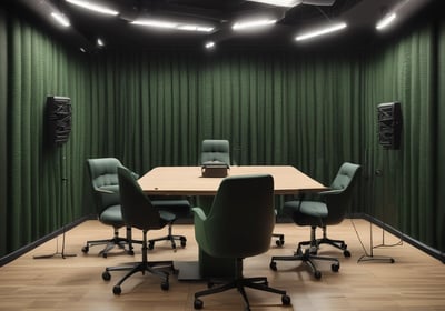 A modern podcast studio with professional microphone setups on a table surrounded by green and black office chairs. The room has acoustic foam on the walls for soundproofing and large square ceiling lights. The walls are predominantly adorned with decorative panels and some branding elements.