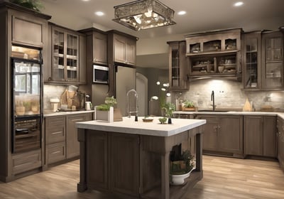 a kitchen with a marble counter top and white cabinets