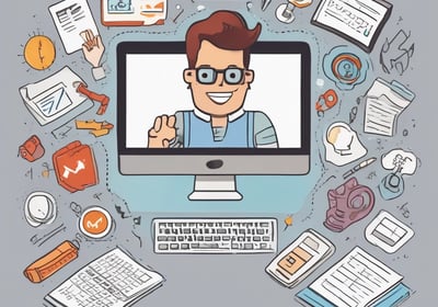 A workspace featuring a tablet and a laptop on a wooden desk. The tablet displays an online learning platform with various course thumbnails, while the laptop shows a coding environment with a colorful code editor. The setup suggests a focus on learning and coding.