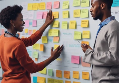 Two people are standing in front of a whiteboard containing various colorful sticky notes. The notes are arranged in a grid and each one has a word or phrase related to company values, such as 'Culture', 'Vision', 'Diversity', and 'Respect'. One person is gesturing towards the board, wearing a blue sweater, while the other is observing attentively, dressed in a red jacket.